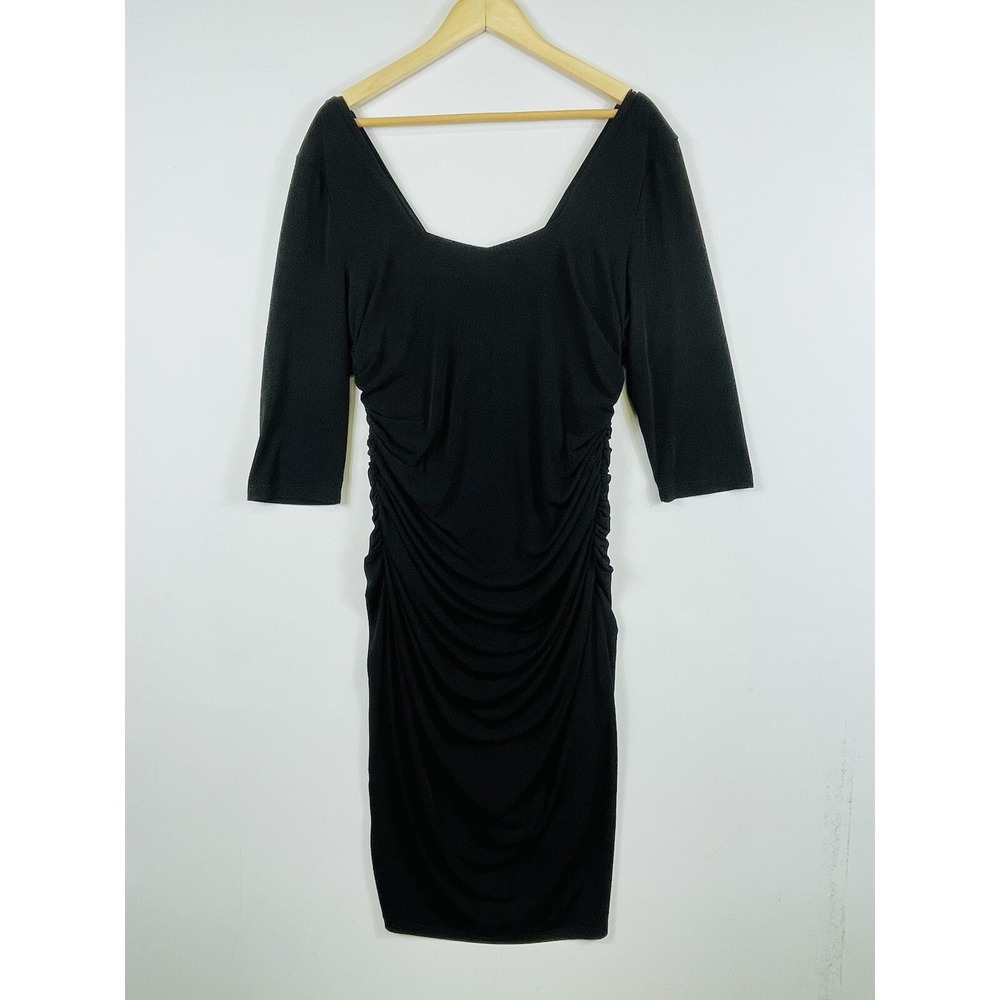 Kiyonna Women Plus 1 14 16 Dress Black Half‎ Sleeve Bodycon Sheath Ruched Slinky
